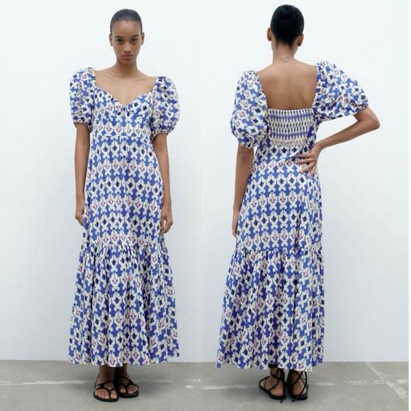 Zara Blue White Printed Short Puff Sleeve Smocked V-Neck Midi A-line Dress Sz L - Picture 1 of 8
